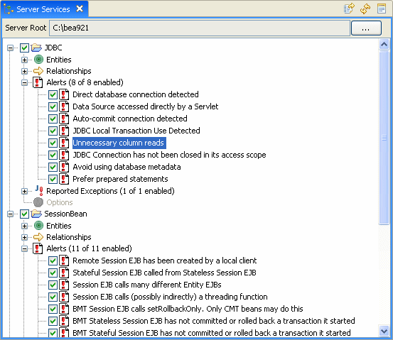 Alert browsing by category in the Server Services View