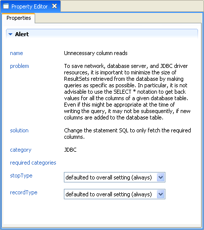 properties and controls provided for the 'Unnecessary column reads' Alert