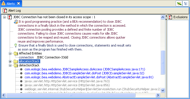 eoSense's Alert Log when an unclosed JDBC connection has been detected