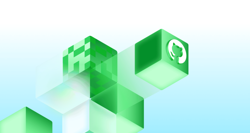 Decorative background featuring floating green cubes, including one with the GitHub invertocat logo.