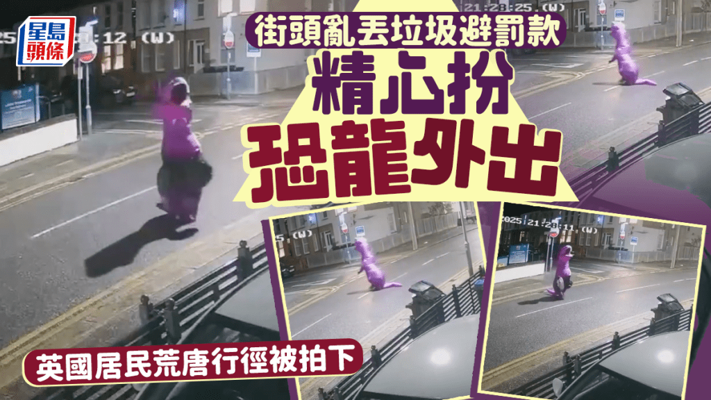 英國居民扮恐龍夜丟垃圾被拍下，疑為逃罰款　議員：可愛也不能亂拋垃圾。X@YourSouthend 影片截圖