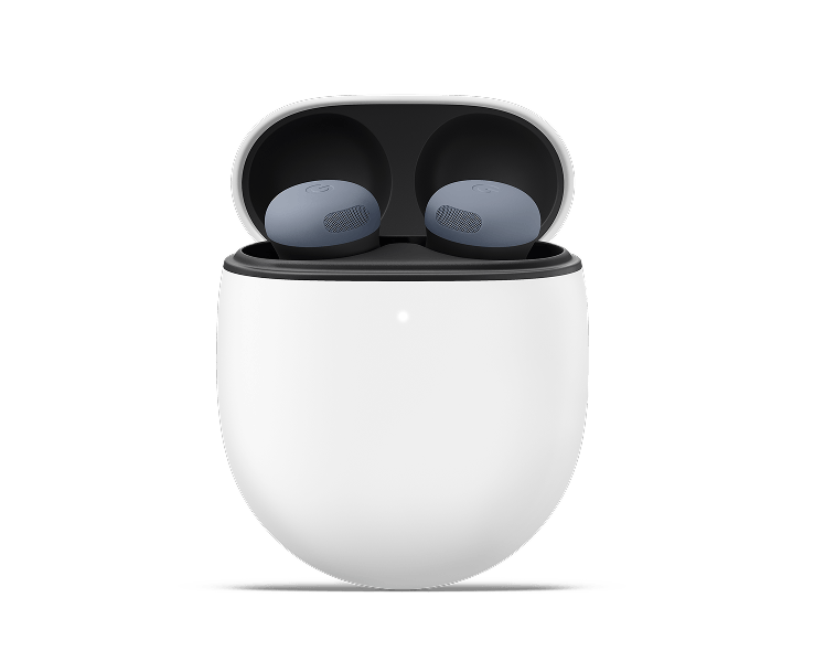 The Pixel Buds Pro 2 in the color Moonstone in an open charging case