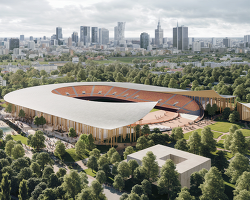 curved roof expands upwards inviting sunlight within warsaw SKRA park stadium