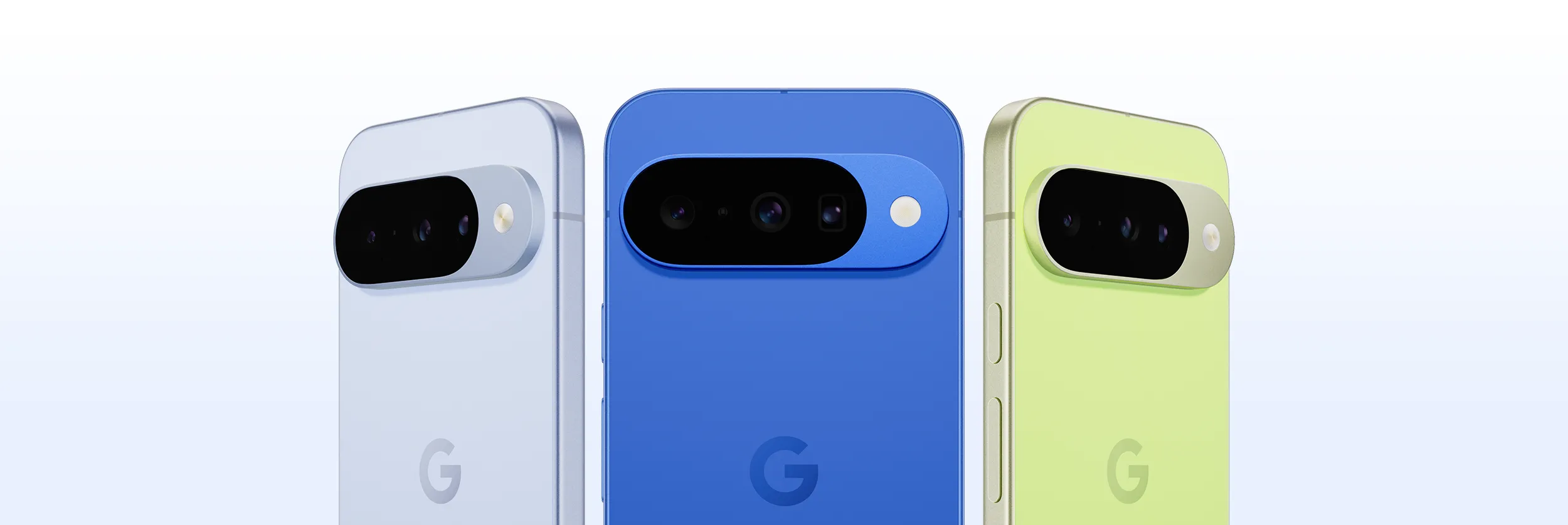 Three Pixel phones in different colors — gray-ish white, blue and lemongrass — are shown side by side.