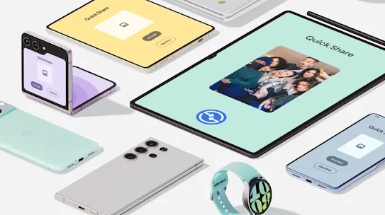 An assortment of Android devices, including phones and a smartwatch. A tablet displays the Quick Share feature, showing a photo of a group of friends.