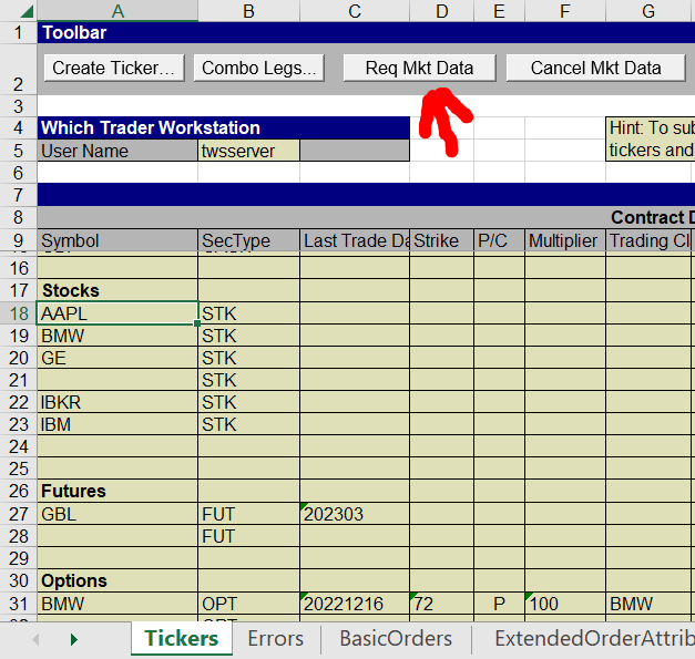 Sample Sheet Highlighting Req Mkt data button.