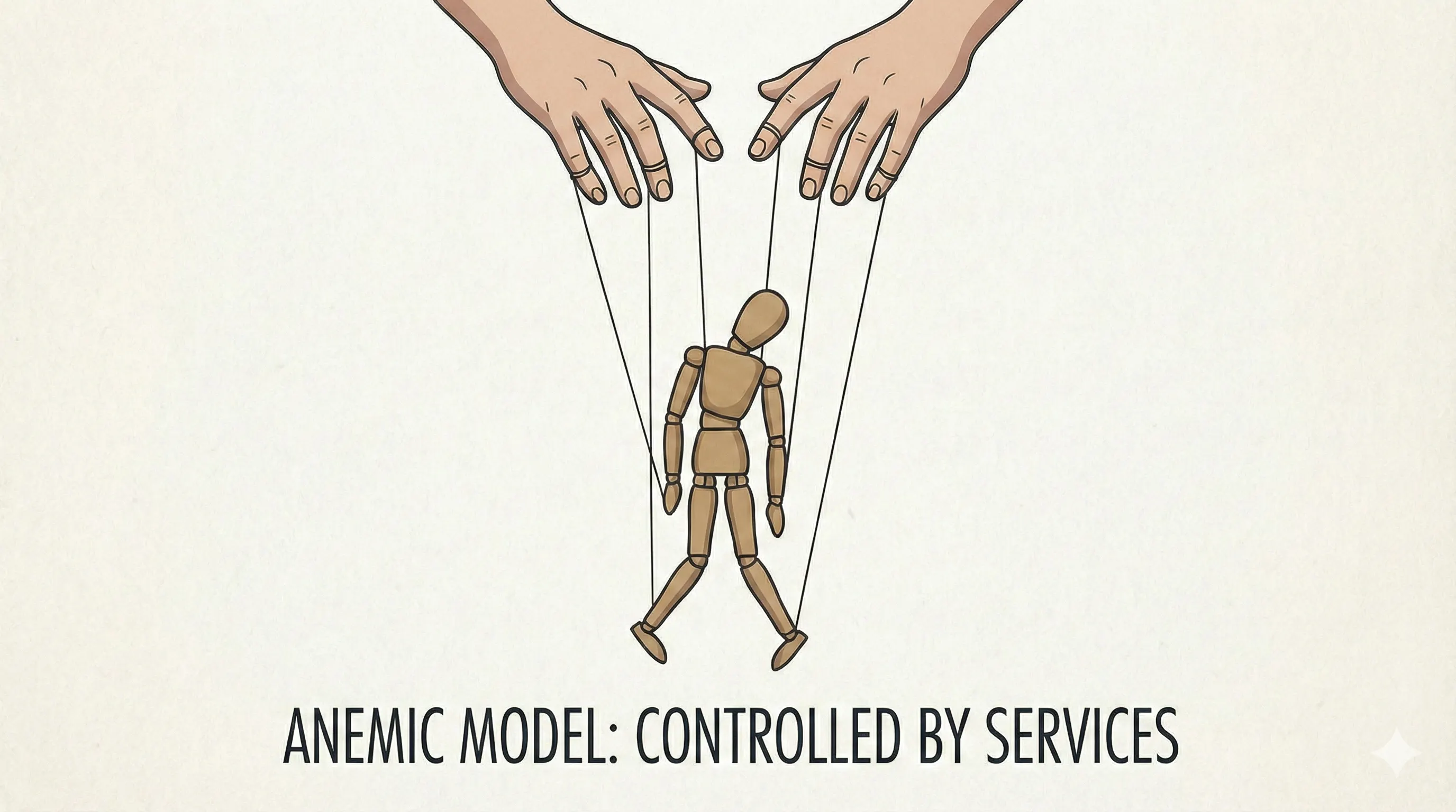 Illustration showing hands controlling a marionette, labeled "ANEMIC MODEL: CONTROLLED BY SERVICES".