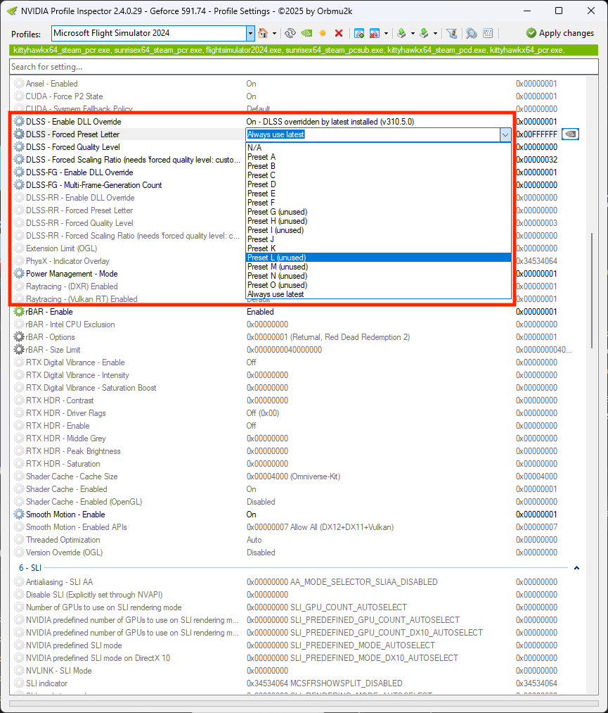 開啟 NVIDIA Profile Inspector,選擇遊戲的 Profile 後,可以在 5. Common 區段裡詳細修改 DLSS 各參數。