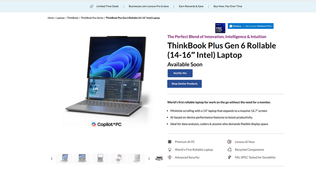 Lenovo 於去年的 CES 2025 中也發表過另一款直向捲軸屏幕的筆記簿電腦 ThinkBook Plus Gen 6 Rollable,不過該款機因為零售價相當高,要 $3,299 美元(約 HK$25,700),至今仍未有正式推出發售。