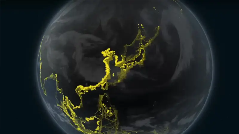 Visualization of Earth showing glowing yellow lines representing human industrial activity at sea, highlighting data mapped from satellite imagery and GPS tracking.