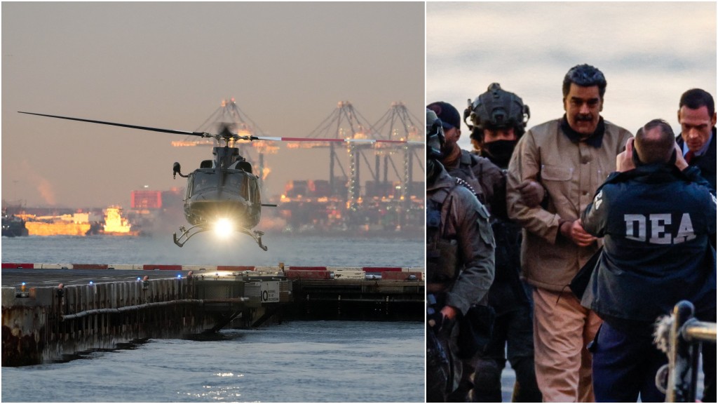 馬杜羅戴上手銬,由直升機送往紐約法庭。 路透社 馬杜羅戴上手銬,由直升機送往紐約法庭。 路透社