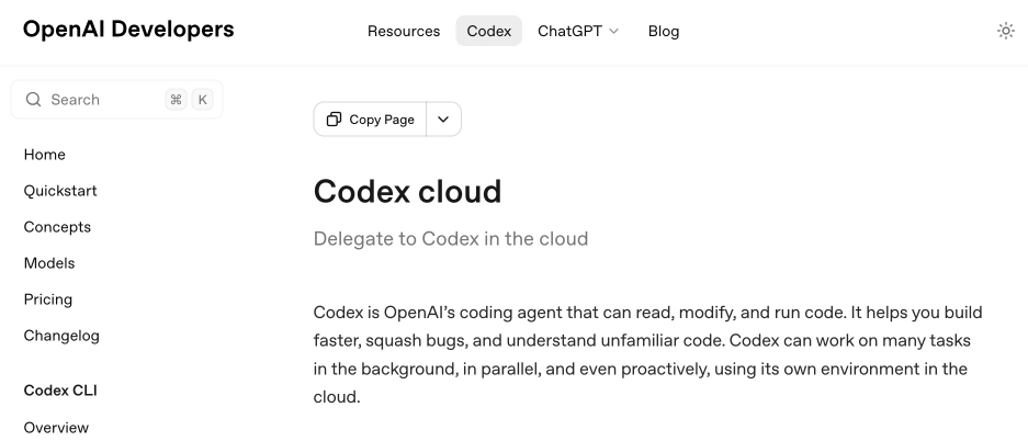 Screenshot of the Codex cloud documentation page