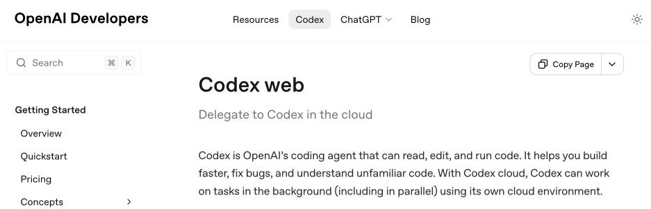 Same documentation page only now it says Codex web