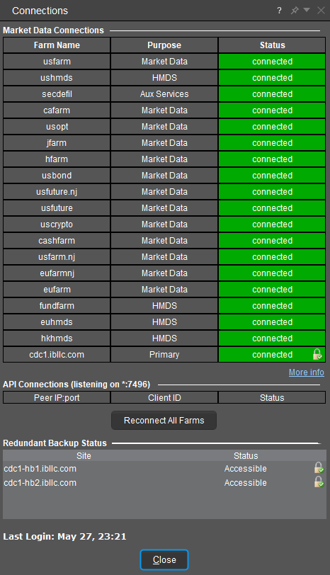 Trader Workstation Connections window.